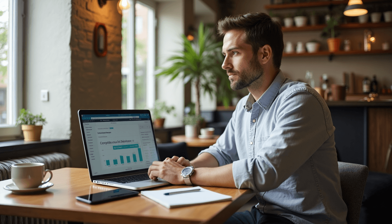 Business owner studying conversion strategies on laptop at café