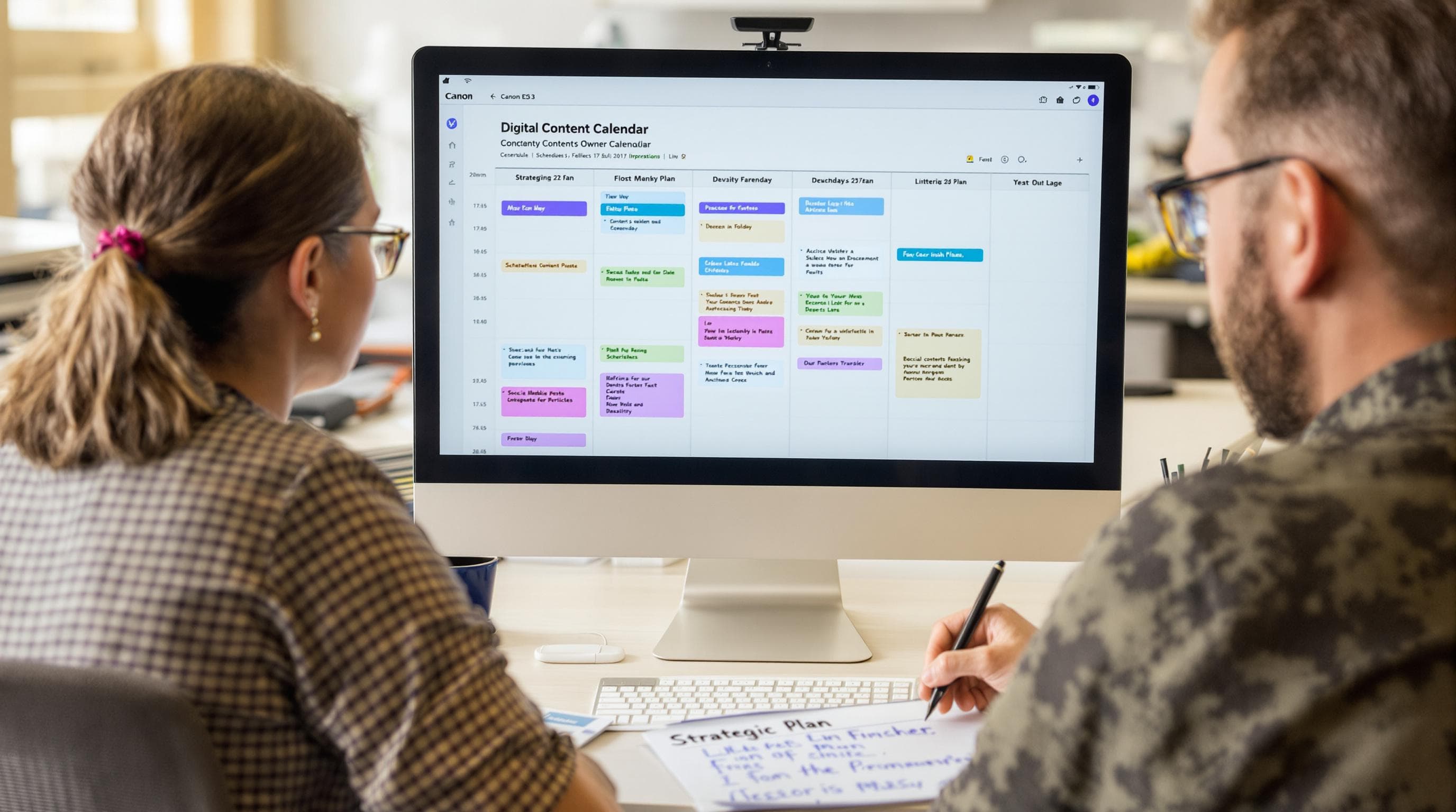 Business owner planning content strategy with digital calendar in office