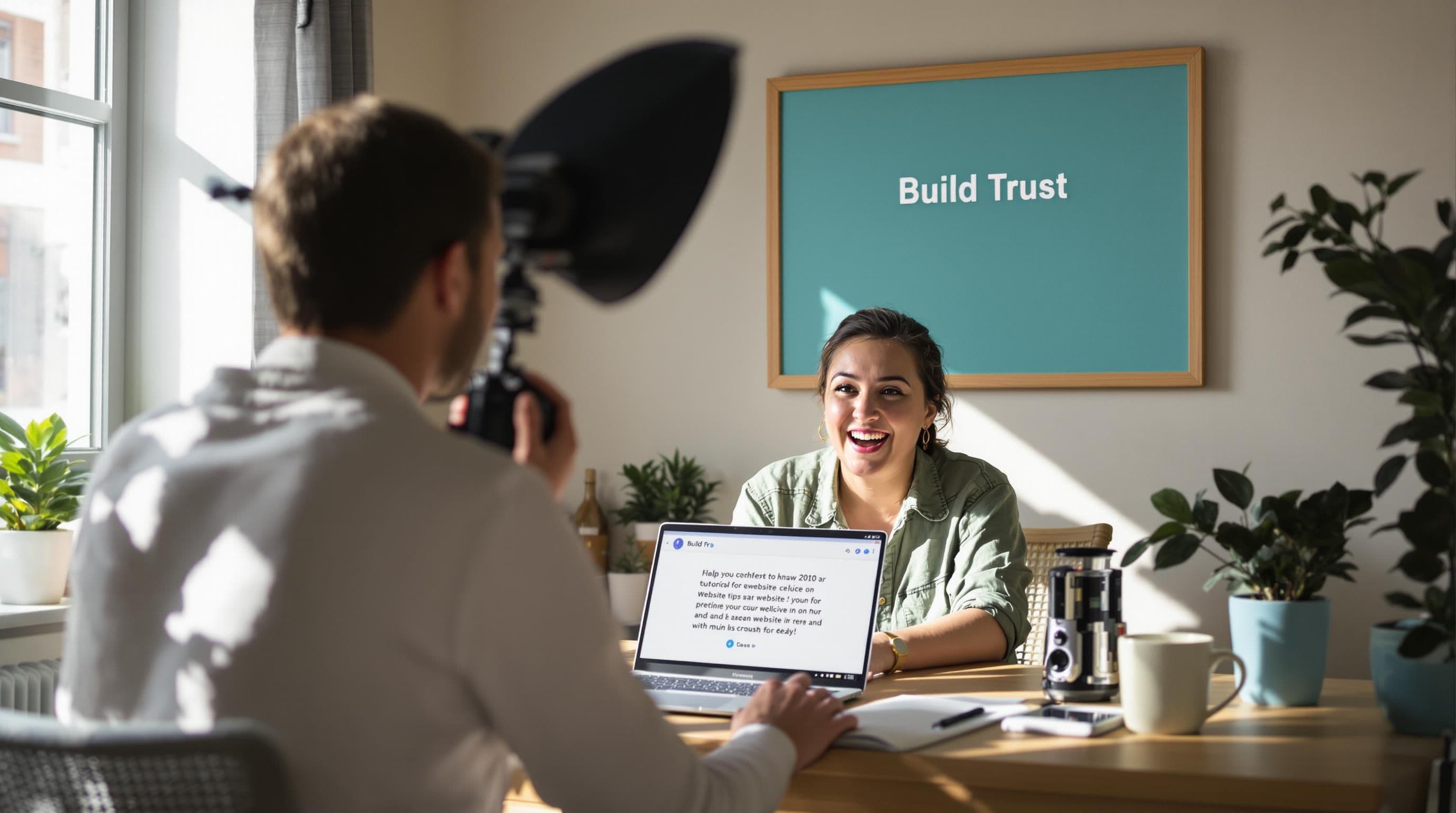 Person recording educational tutorial video at desk with 'Build Trust' message.