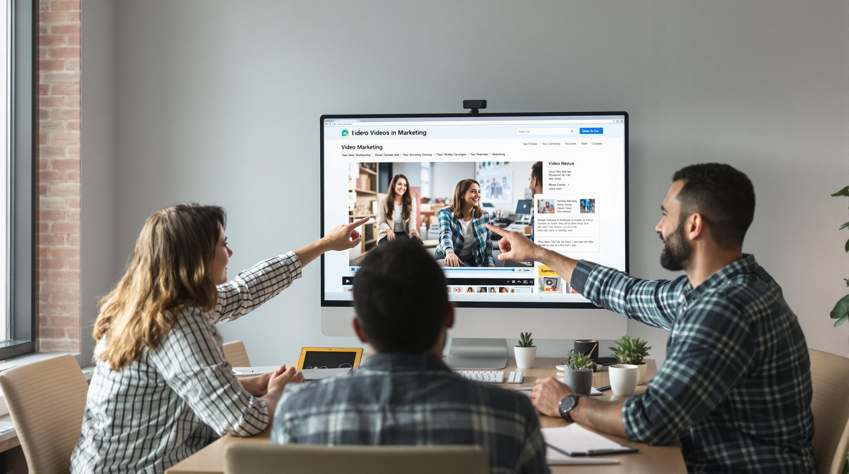 Small business marketing team reviews website with embedded video player in office.
